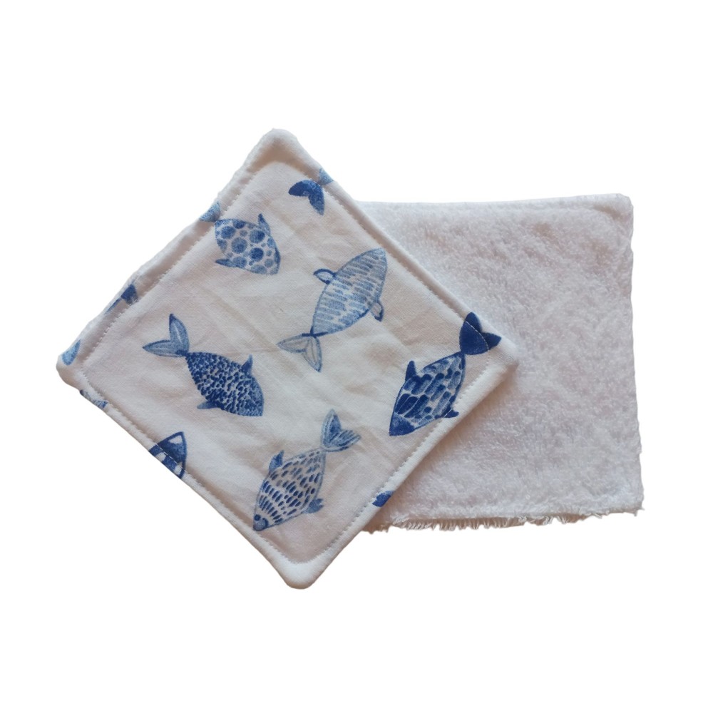Lingettes lavables éponge blanc poissons